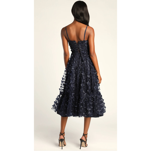 Lulus Time to Fly Navy Blue 3D Butterfly Lace-Up Midi Dress Size Small - Picture 12 of 14